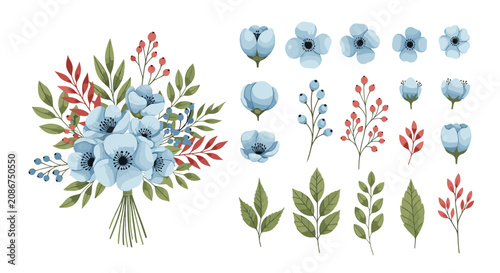 Beautiful blue floral set featuring a large bouquet and individual flower heads, leaves, and berries for elegant botanical designs.