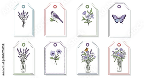 Set of eight vintage style gift tags with lavender sprigs, a bird, butterflies, and various floral arrangements in purple hues.
