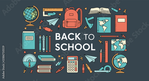 Colorful flat lay illustration of essential school supplies including a backpack, globe, books, and stationery on a dark blue background.