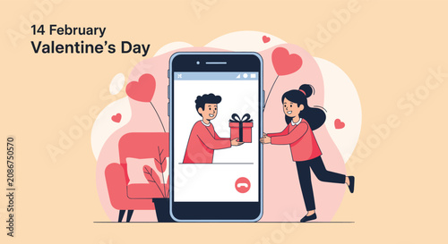Long distance Valentines Day celebration showing a happy couple giving and receiving gifts during a video call on a mobile phone.