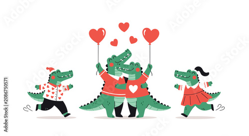 Adorable cartoon crocodile family celebrating love with heart balloons and festive outfits in a sweet illustration for Valentines.