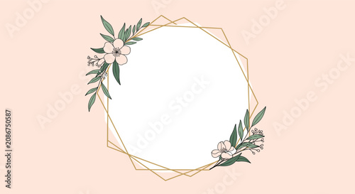 Minimalist hexagonal gold frame with delicate pink flowers and green foliage accents on a soft peach background for invitations.