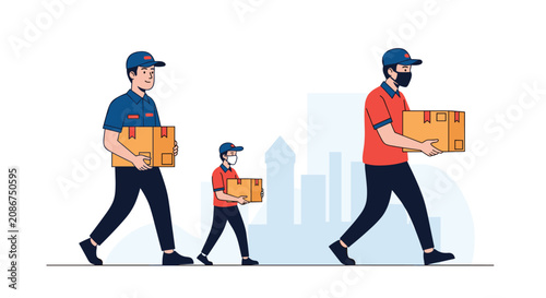 Professional couriers in blue and red uniforms delivering cardboard boxes with a blurred city skyline illustration in the background.