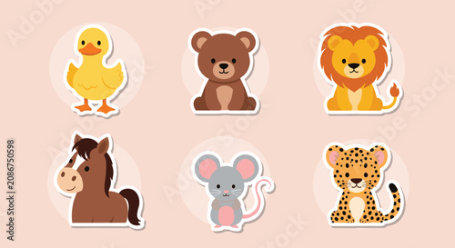 Set of six adorable animal sticker designs featuring a duck, bear, lion, horse, mouse, and leopard with a white cutout border.