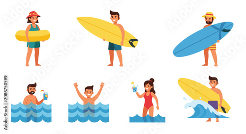 Group of happy people enjoying summer vacation activities like surfing, swimming in the sea, and drinking tropical cocktails.