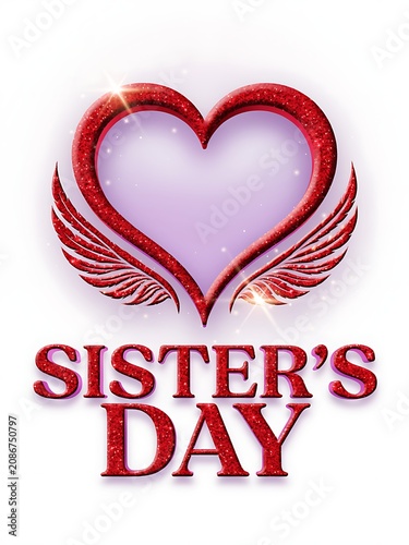Sisters day greeting card design with a red glitter heart and wings isolated on white background