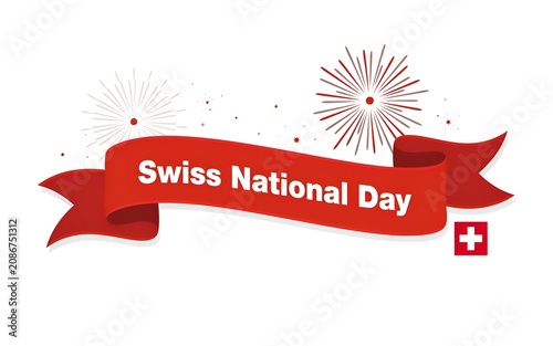 Swiss national day celebration banner with red ribbon and fireworks