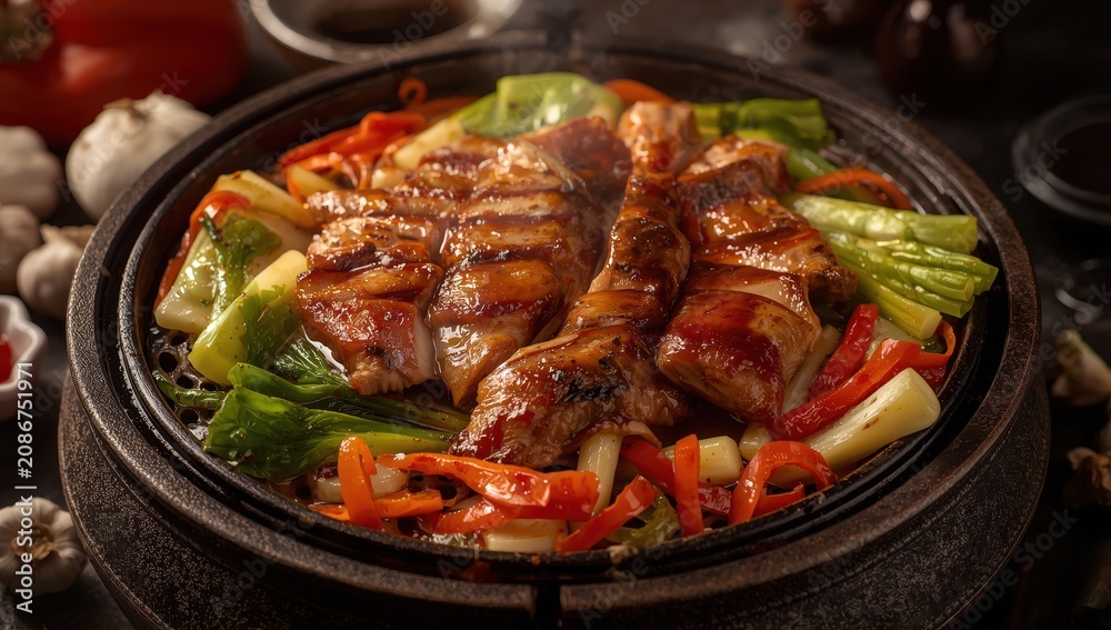Fototapeta premium Duck bulgogi with assorted vegetables on a pot lid grill.