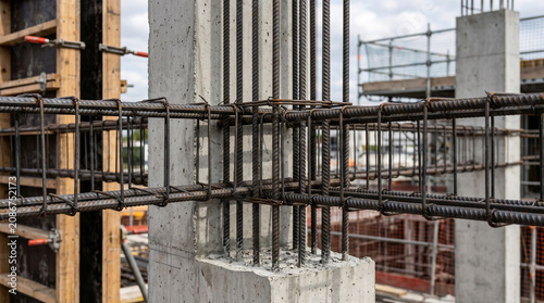 Reinforced steel beams on concrete construction site