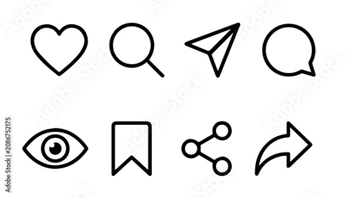 Social media line icon set heart comment share save search vector
