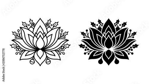 Cuadro en lienzo Lotus Flower Graphic: A stylized lotus flower illustration in two complementary designs: a delicate outline and a bold silhouette, adorned with subtle botanical accents