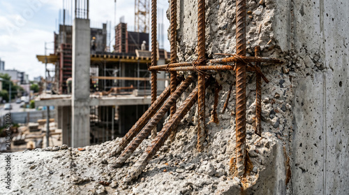 Close-up of rusty rebar on concrete construction site background