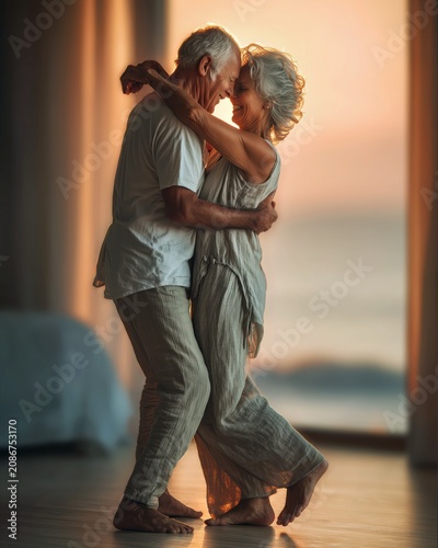 Senior couple dancing indoors at sunset for romantic lifestyle marketing.

