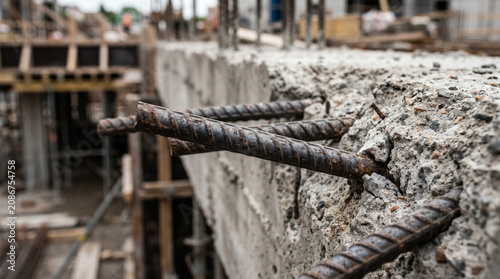 Close-up construction site, rusty rebar on concrete wall