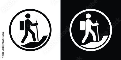 Foto Hiker trekking uphill with backpack icon enclosed in a circular frame