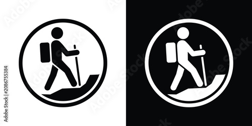 Fotografie Hiker trekking uphill with backpack icon enclosed in a circular frame