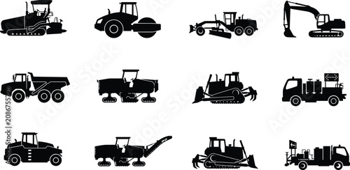 Konstfotografi Heavy Construction Machinery Silhouette Icon Set Featuring Excavator Bulldozer R
