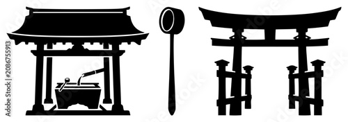 Bild auf Leinwand shinto shrine and torii gate with purification fountain icons