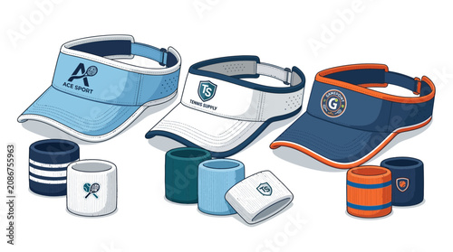 Collection of colorful sports visors and matching athletic wristbands