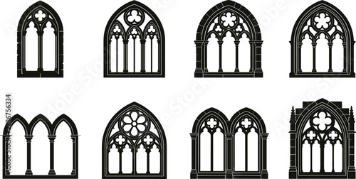 Fotografía Gothic window silhouettes, cathedral tracery vector, medieval architecture icons