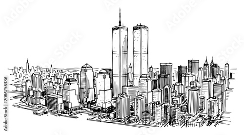 Принти на полотні New York city skyline with twin towers in detailed architectural sketch style