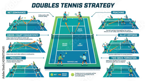 Professional infographic of doubles tennis strategies and court positioning