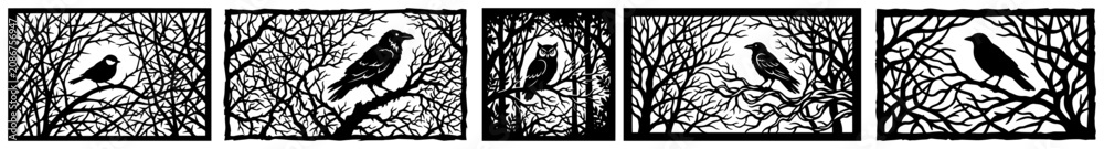 Fototapeta premium Set of birds on dark forest branches in decorative frame style