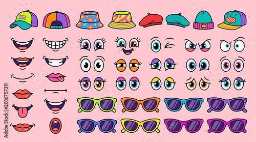 Colorful Cartoon Character Face Elements Set