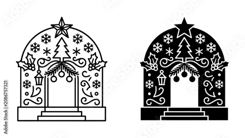 Christmas Archway Illustration: A festive Christmas archway design featuring a stylized Christmas tree, snowflakes, holly, and baubles.
