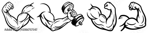 Tableau sur toile Set of strong muscular male arms with biceps and dumbbell in graphic style
