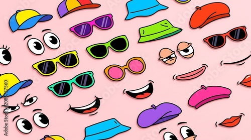 Retro Cartoon Character Creation Elements Pattern on Pink Background