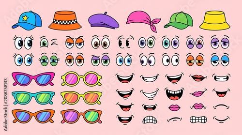 Retro 90s Cartoon Face Elements and Accessories Set