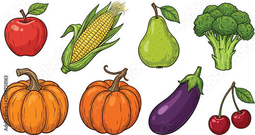 Fresh fruits and vegetables collection featuring apple corn pear broccoli pumpkin eggplant and cherries in hand drawn vector illustration