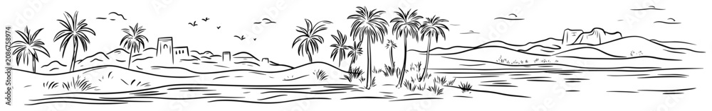 Fototapeta premium Desert oasis with palm trees and distant ancient buildings in panoramic hand drawn sketch style
