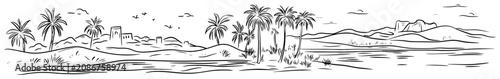 Photos Desert oasis with palm trees and distant ancient buildings in panoramic hand dra