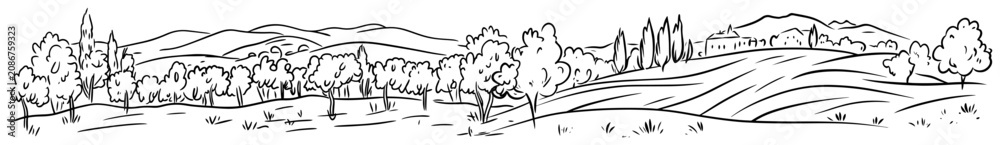 Fototapeta premium Countryside landscape panorama with rolling hills agricultural fields and trees in line art sketch style