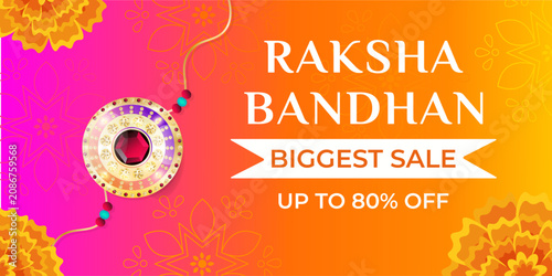 Konstfotografi Happy Raksha Bandhan Sale Banner with shiny rakhi on a gradient bright background surrounded by marigold flowers