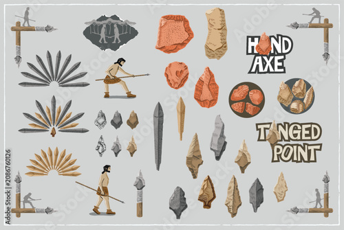 Korean Paleolithic stone age elements set. Hand axe, tanged point, primitive human vector illustrations.
