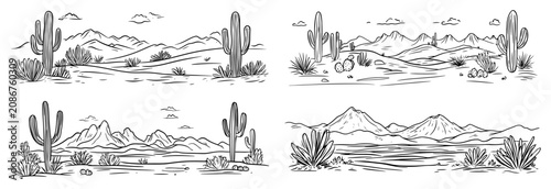 Desert landscapes with saguaro cacti and distant mountains in panoramic line art sketch style