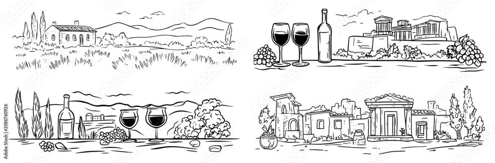 Naklejka premium Mediterranean vineyard views with wine bottles glasses grapes and ancient greek temples in travel line art style