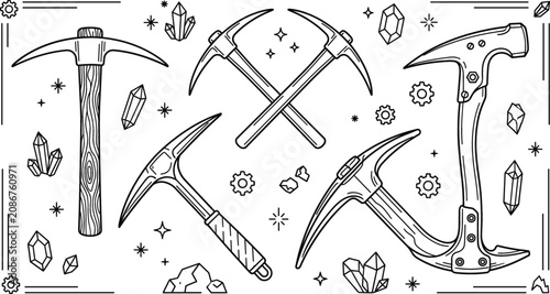Foto Mining pickaxe set with crystals gem stones tool line art vector illustration fo
