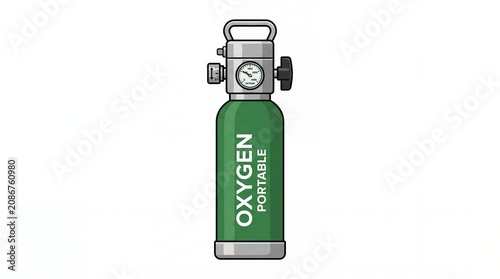 Portable Oxygen Tank with Green Canister and Pressure Gauge for Medical Emergency Use