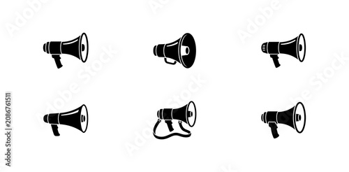 Фотография Set of black megaphone icons on a white background, various styles and designs of speaker devices, communication and announcement tools, public address system