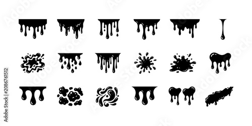 Set of black liquid drips and ink splashes isolated on white background collection of vector silhouettes for design elements creative fluid drops flowing paint blobs spills graphic shapes icons.