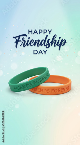 Happy Friendship Day with colorful silicone friendship wristbands featuring forever message on a soft pastel background, celebrating friendship, trust, loyalty, unity and connection