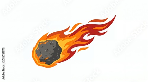 Falling Fire Meteor with Flames in Bright Red Orange and Yellow Colors on White Background