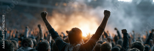 Excited crowd cheering at a live event with raised hands and vibrant atmosphere.