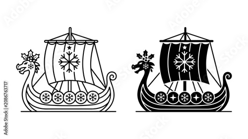 Schilderij op canvas Viking Ship Icons: Two stylized Viking longship illustrations, one in black and white and the other in black silhouette, featuring dragon figureheads and snowflake emblems on their sails