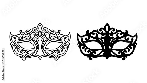 Photos Elegant Masquerade Masks: A pair of ornate masquerade masks, one in black silhouette and the other as an outline, showcase intricate scrollwork and delicate details, evoking mystery and glamour