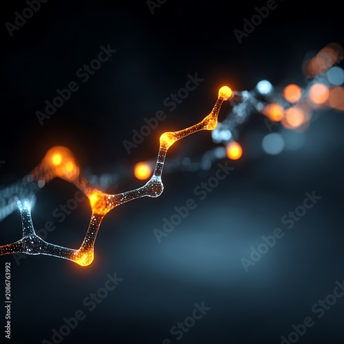Molecular chain structure with glowing orange and blue nodes representing scientific research and microscopic particles in a dark abstract digital visualization environment